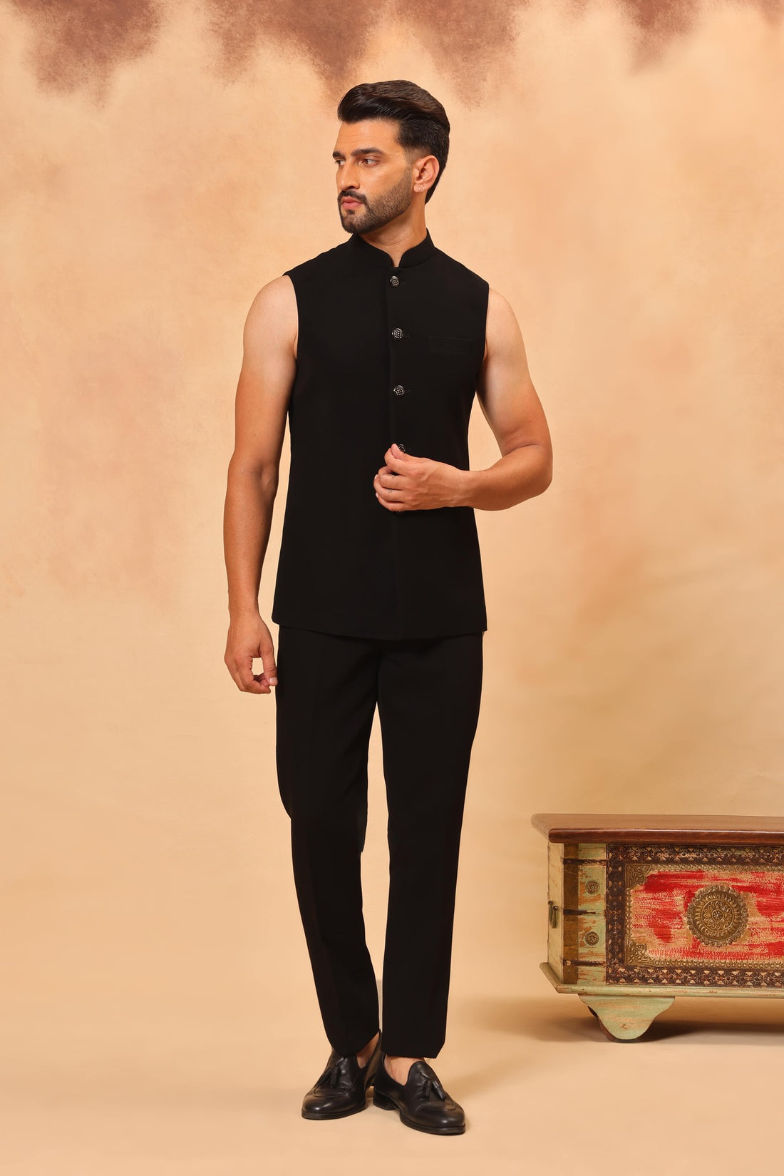 Black Front Open Embroidered Bandhgala with Nehru Jacket Set