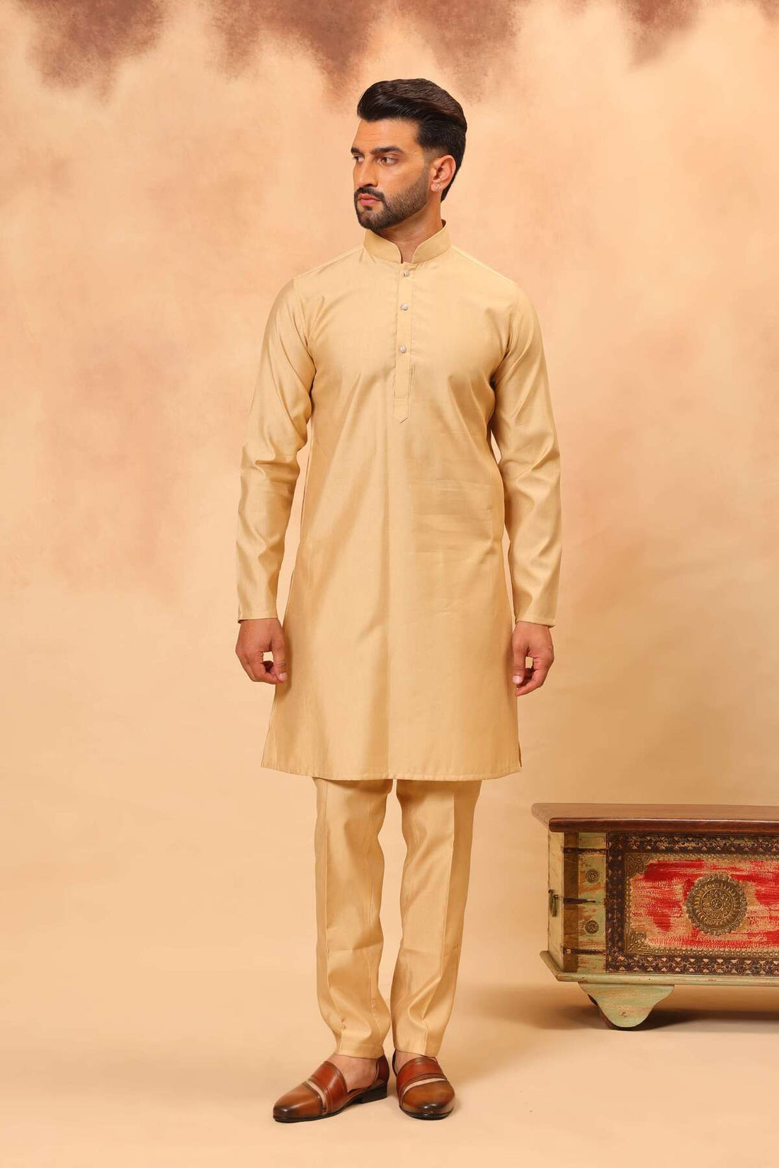 Khaki Embroidered Koti Kurta Set for Men