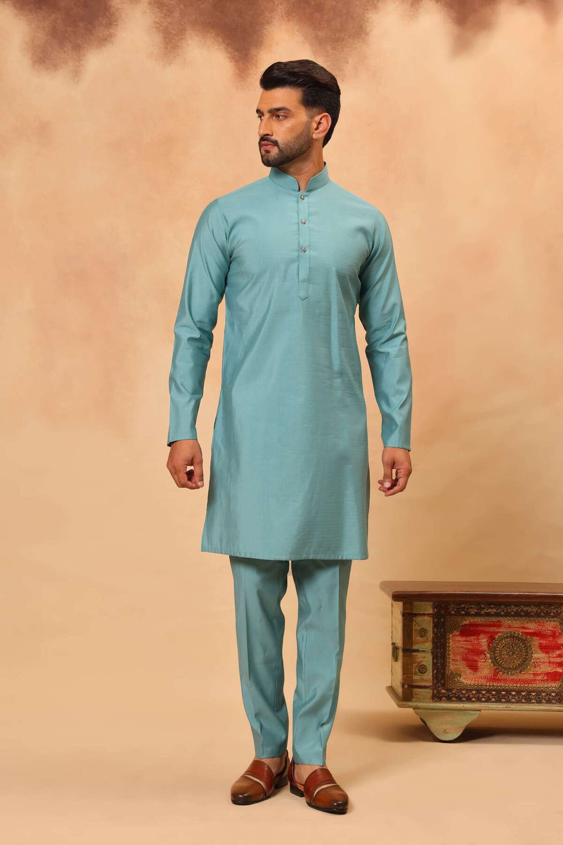 Ferozi Blue Embroidered Koti Kurta Set for Men
