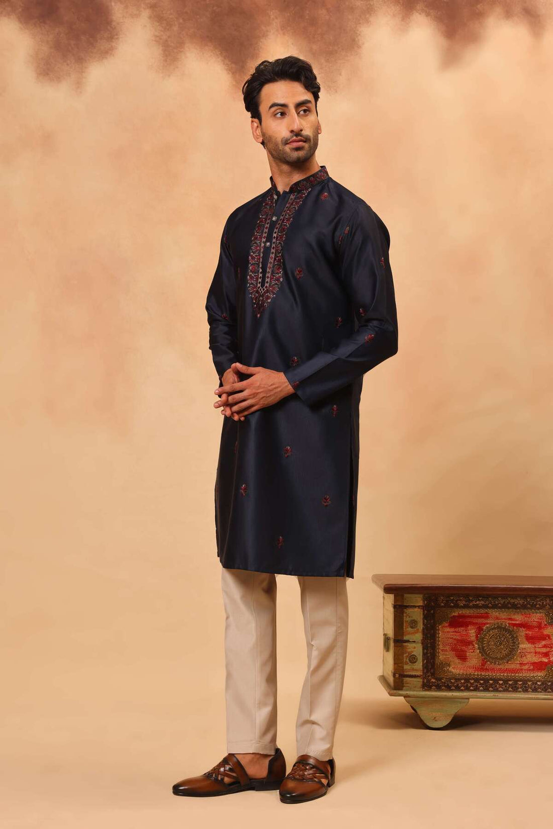 Navy Blue Silk Embroidered Kurta Set with Pashmina Dupatta for Men