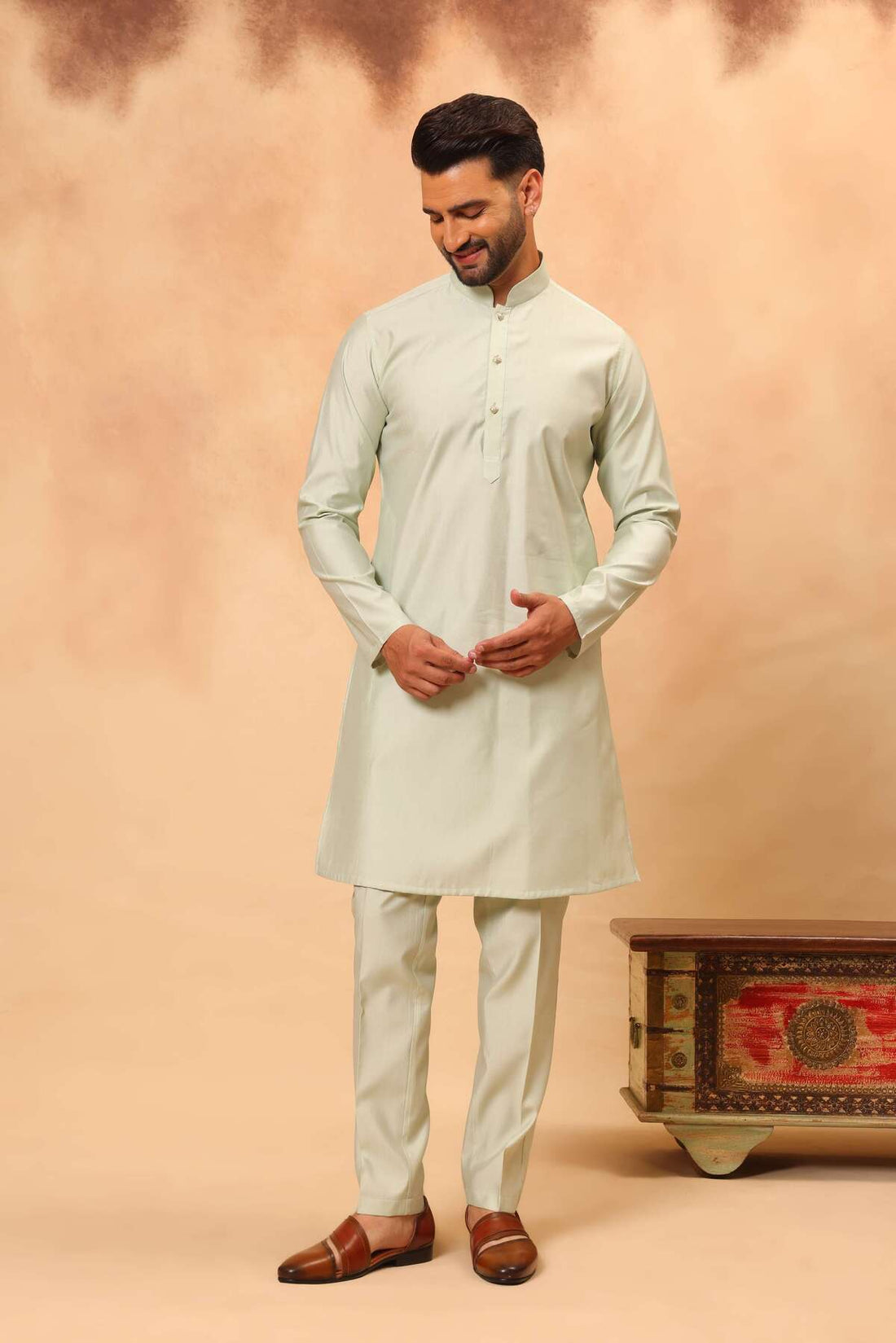Pista Embroidered Koti Kurta Set for Men