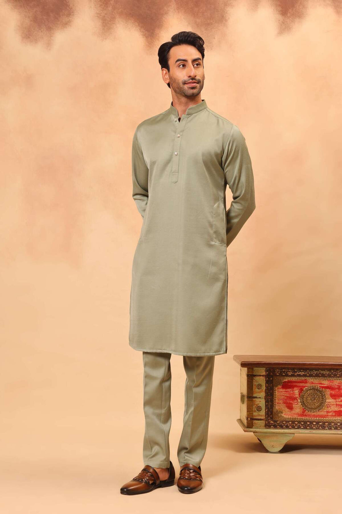 Pista Green Embroidered Koti Kurta Set for Men