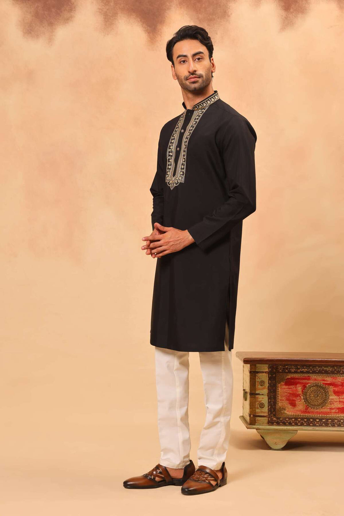 Black Zari Embroidered Koti Kurta Set for Men