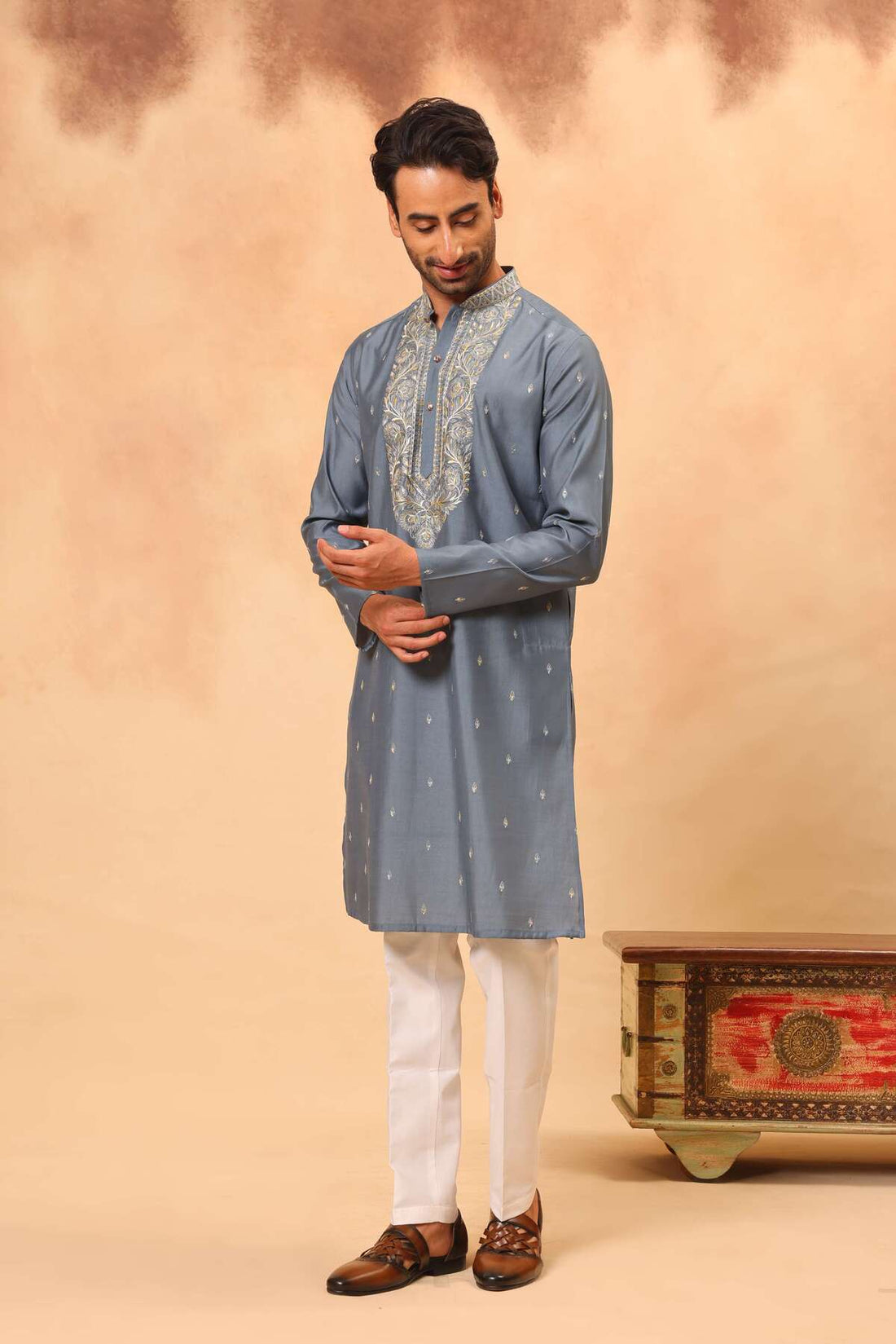 Greyish Blue Silk Embroidered Kurta Set with Dupatta for Men
