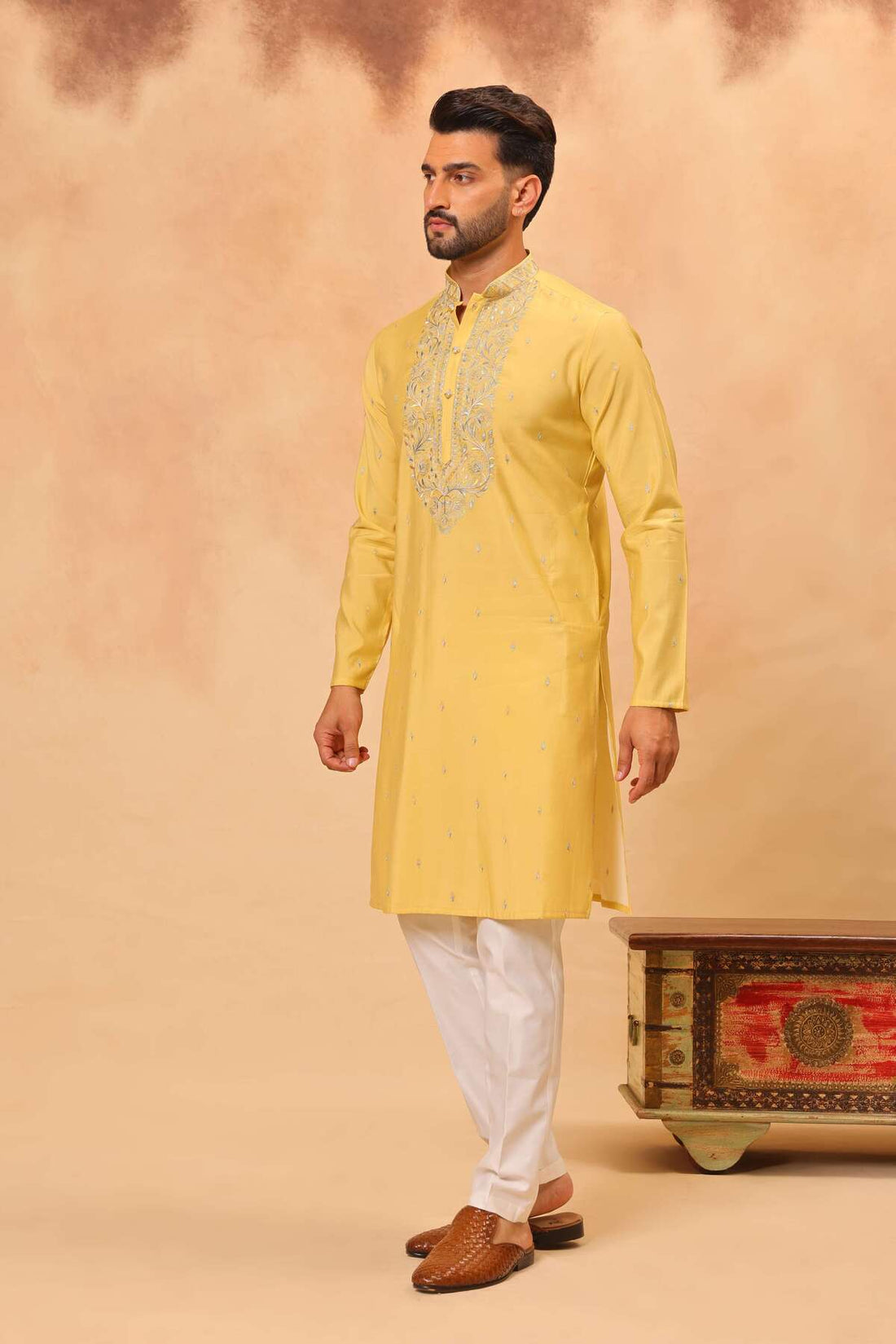 Lemon Silk Embroidered Kurta Set with Dupatta for Men
