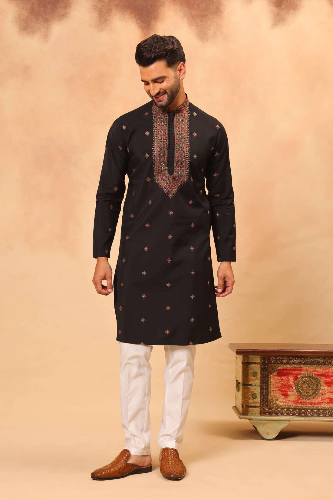 Black Silk Embroidered Kurta Set with Dupatta for Men