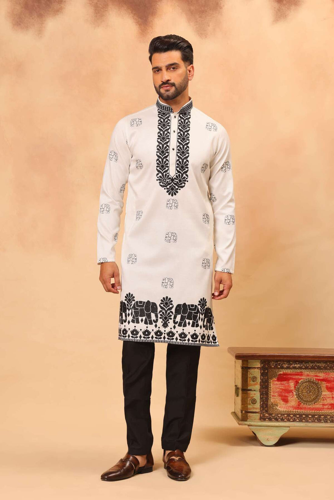 White Silk Embroidered Kurta Set with Dupatta for Men