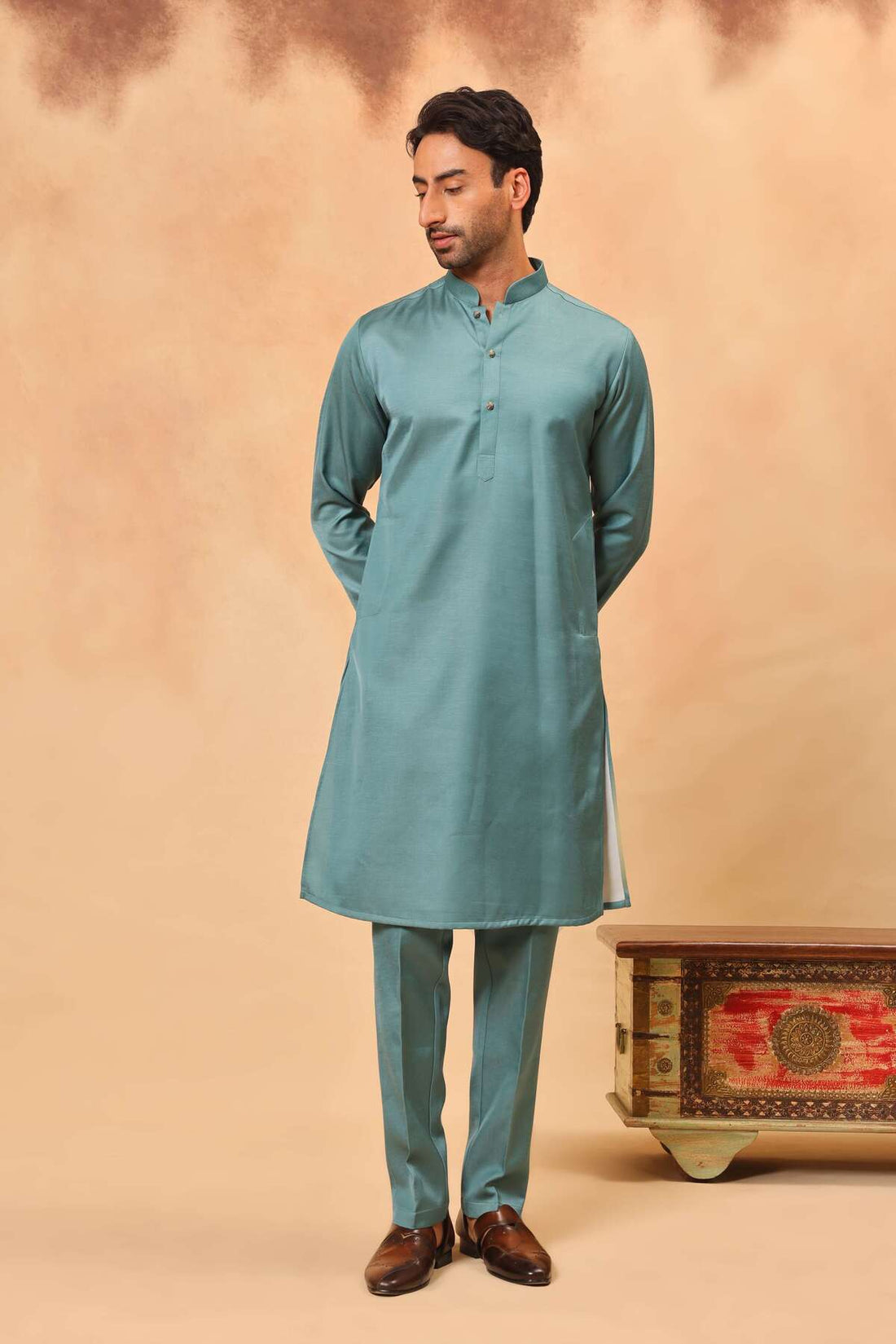 Aqua Blue Embroidered Koti Kurta Set for Men