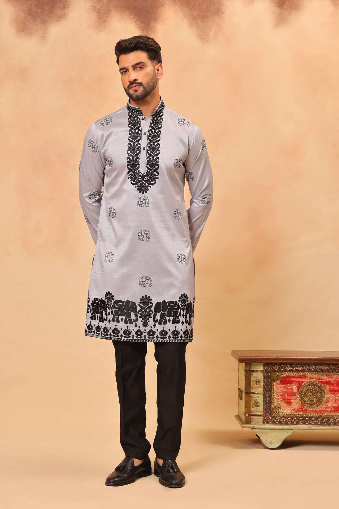 Grey Silk Embroidered Kurta Set with Dupatta for Men