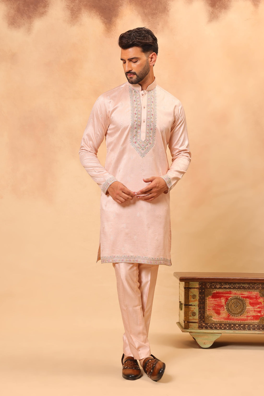 Peach Embroidered Front Open Sherwani Jacket Set