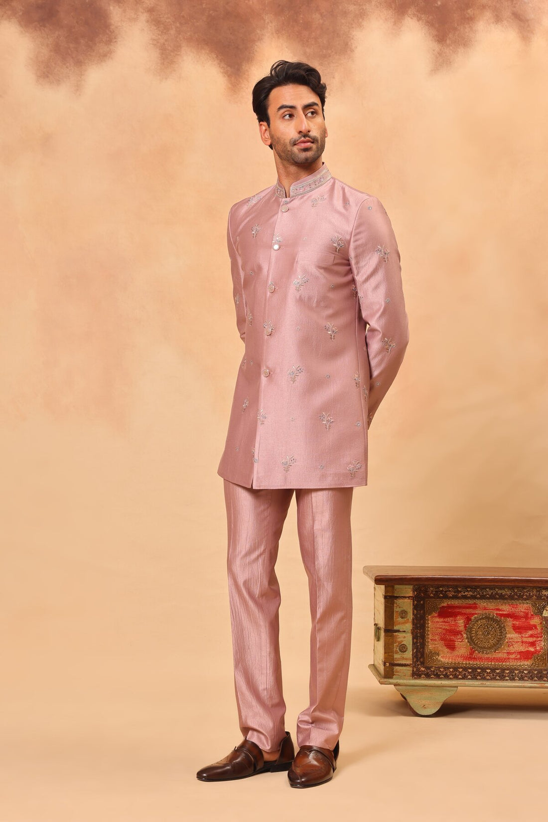 Onion Pink Embroidered Front Open Short Jacket Set