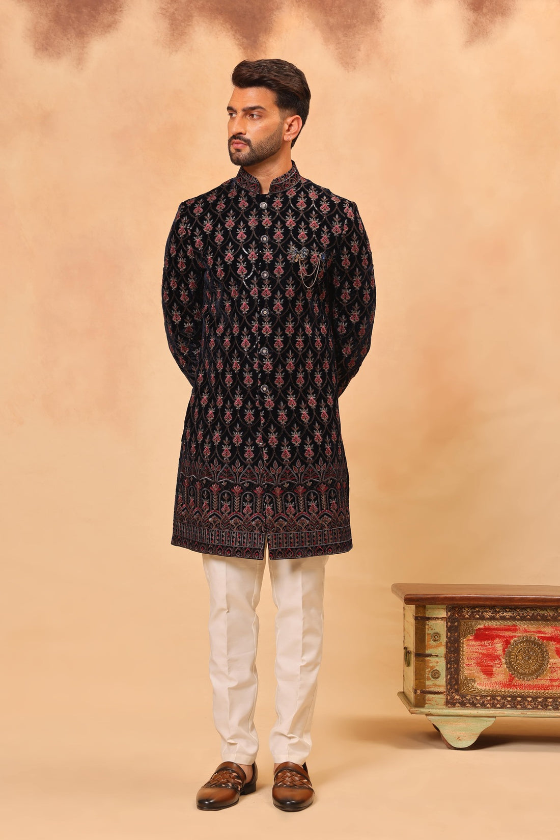 Rama Green Velvet Embroidered Sherwani Set with Dupatta