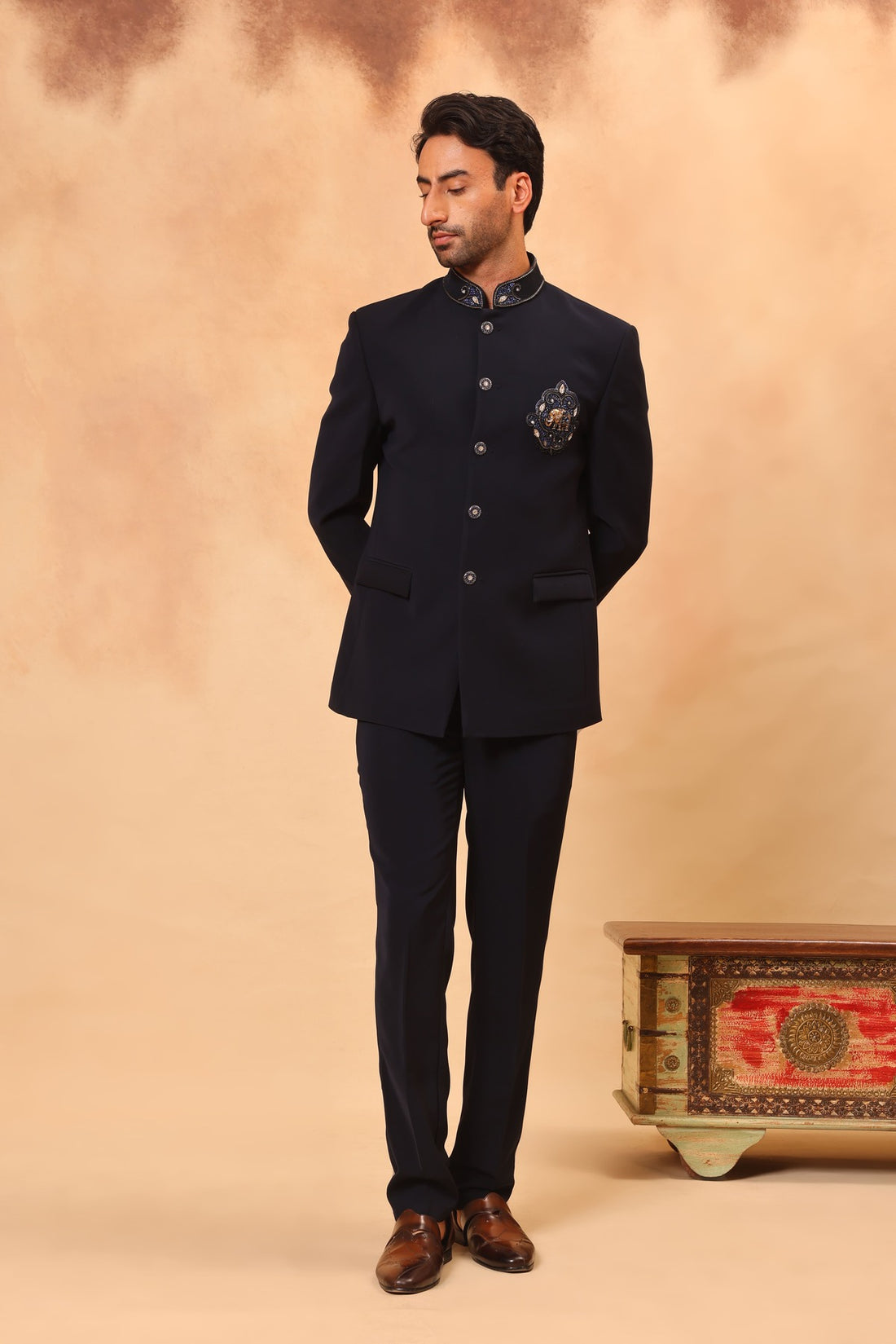 Navy Blue Embroidered Jodhpuri Set with Dupatta and Formal Pants