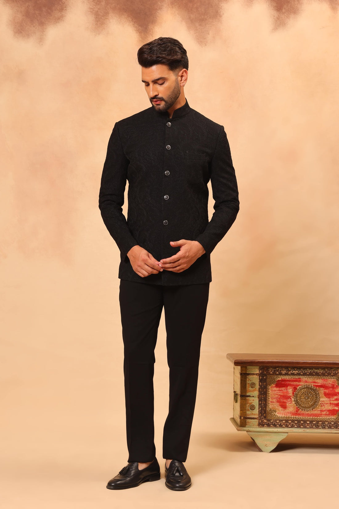 Black Front Open Embroidered Safari Set with Nehru Jacket
