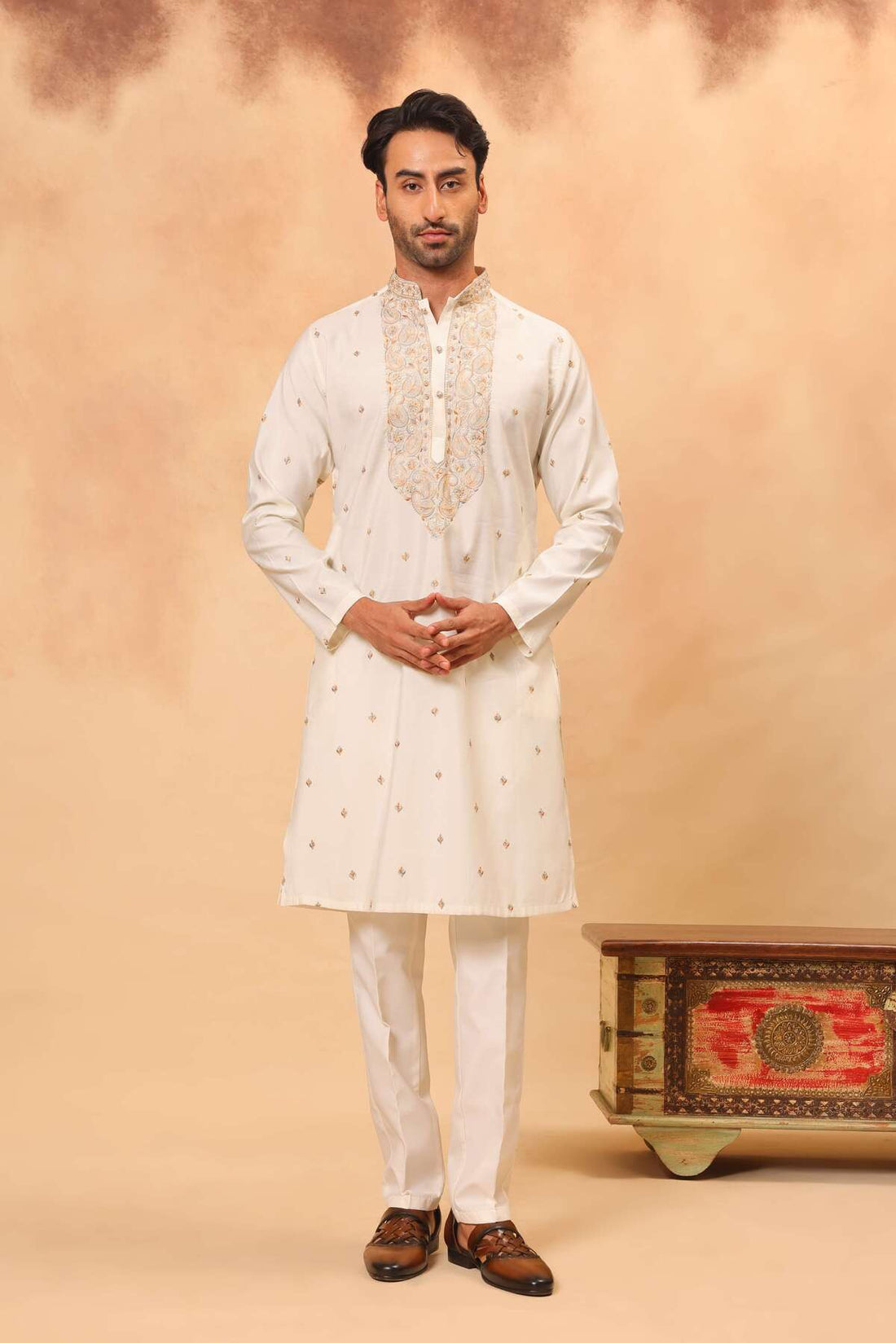 Cream Silk Embroidered Kurta Set with Dupatta for Men