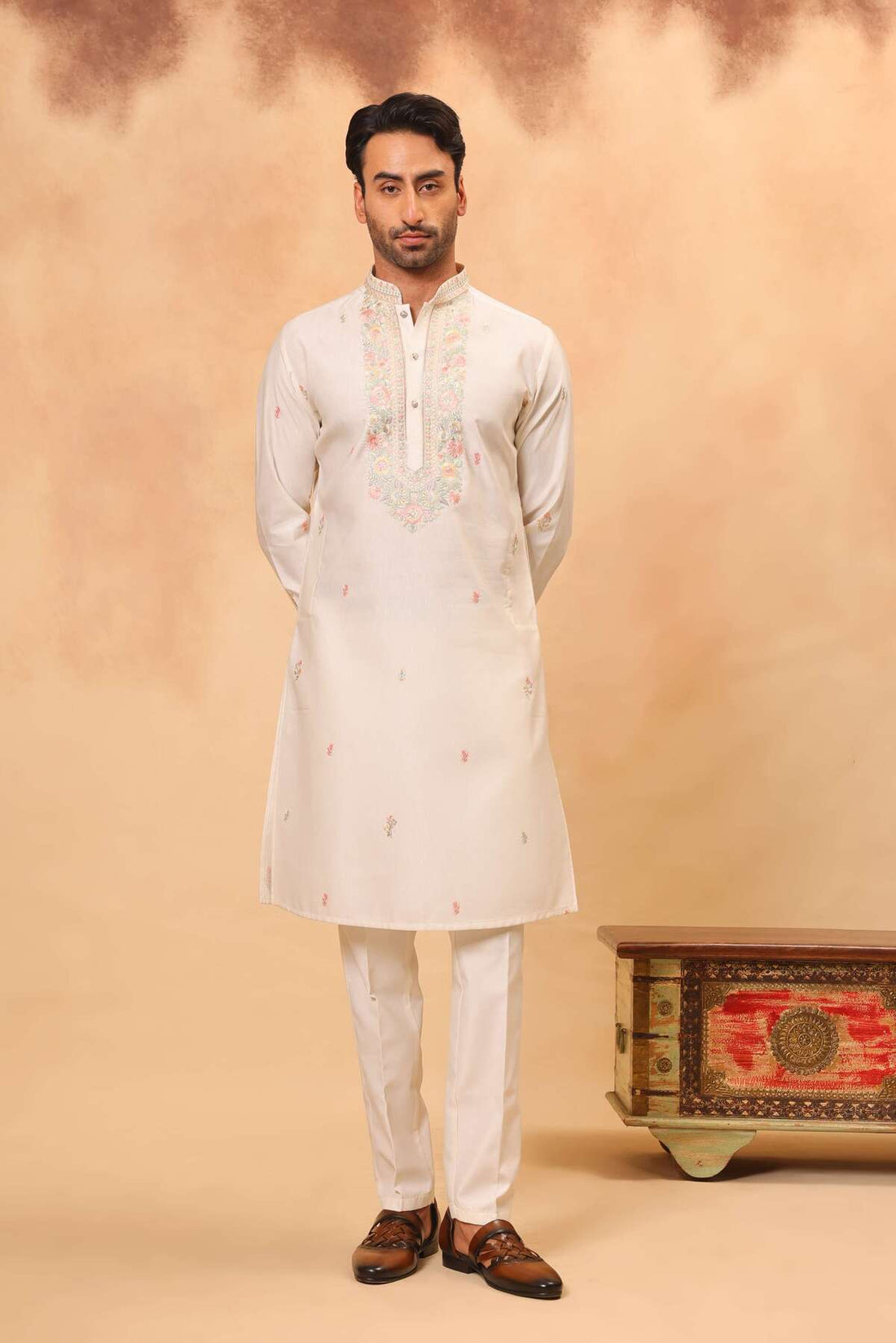 Cream Silk Embroidered Kurta Set with Dupatta for Men