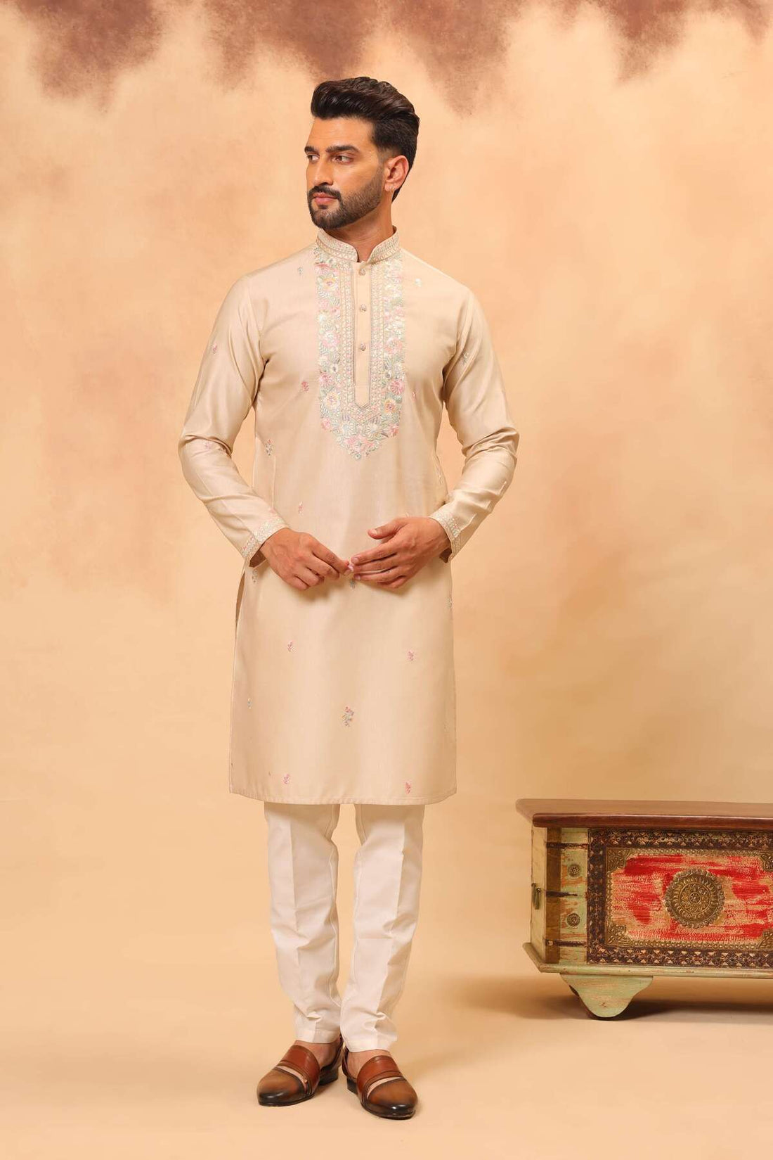 Fawn Silk Embroidered Kurta Set with Dupatta for Men