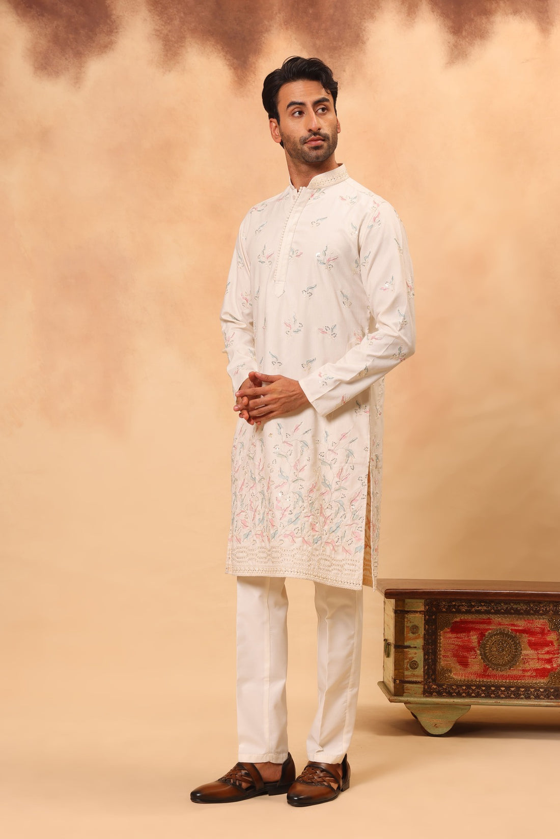 Cream Georgette Embroidered Kurta Set for Men