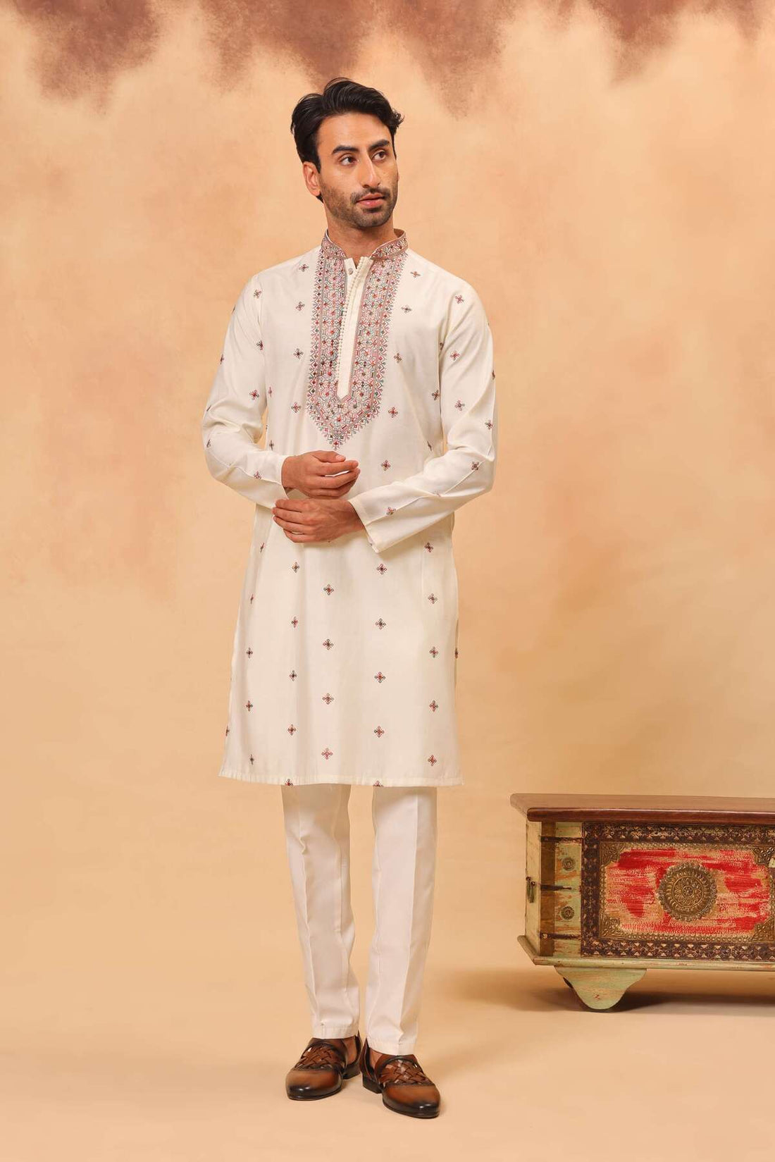Cream Silk Embroidered Kurta Set with Dupatta for Men