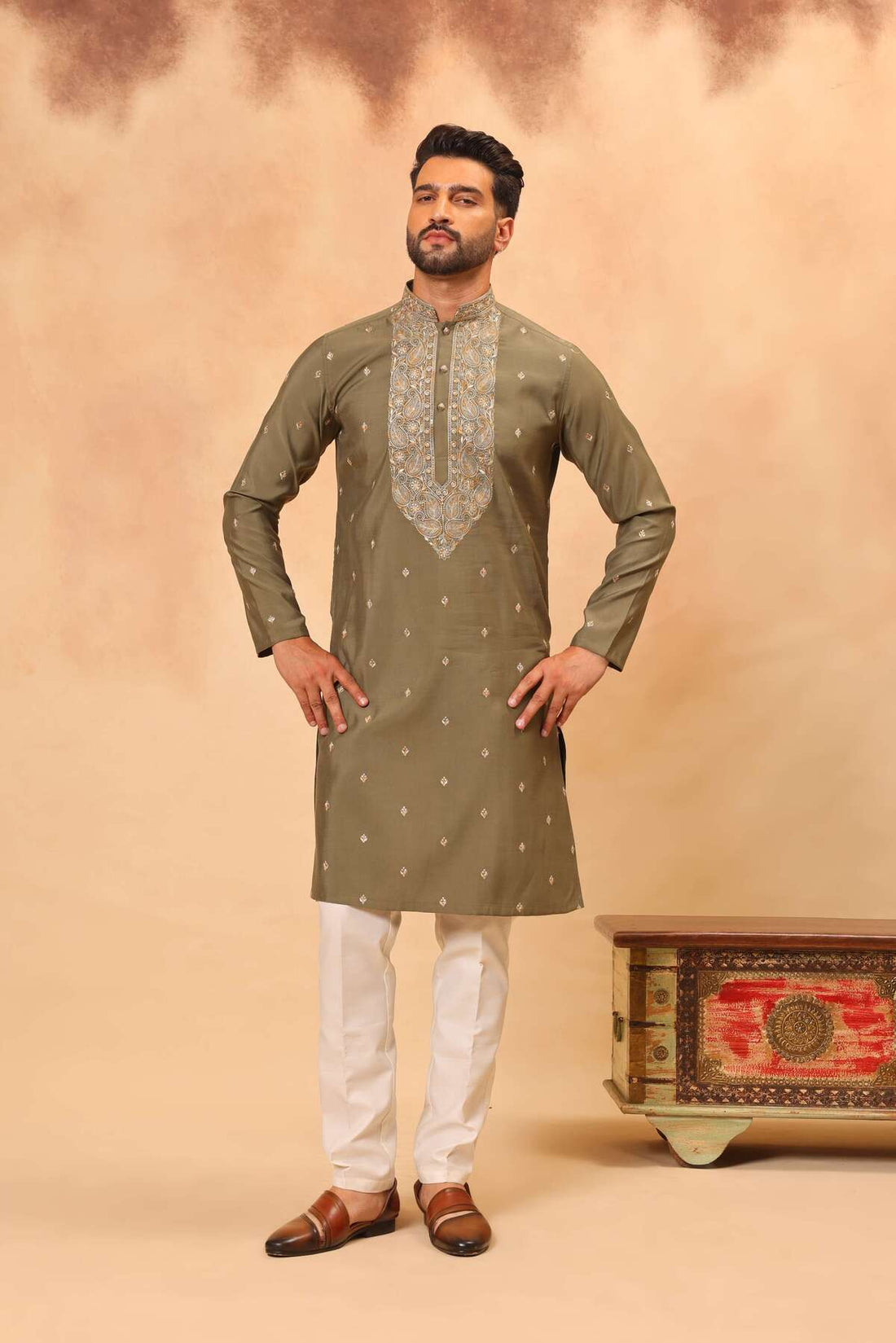 Olive Green Silk Embroidered Kurta Set with Dupatta for Men