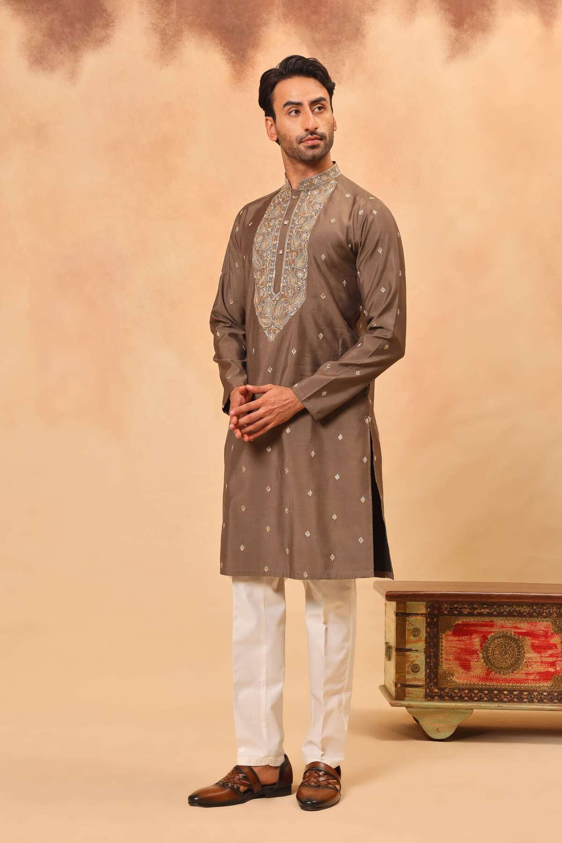 Mouse Brown Silk Embroidered Kurta Set with Dupatta for Men
