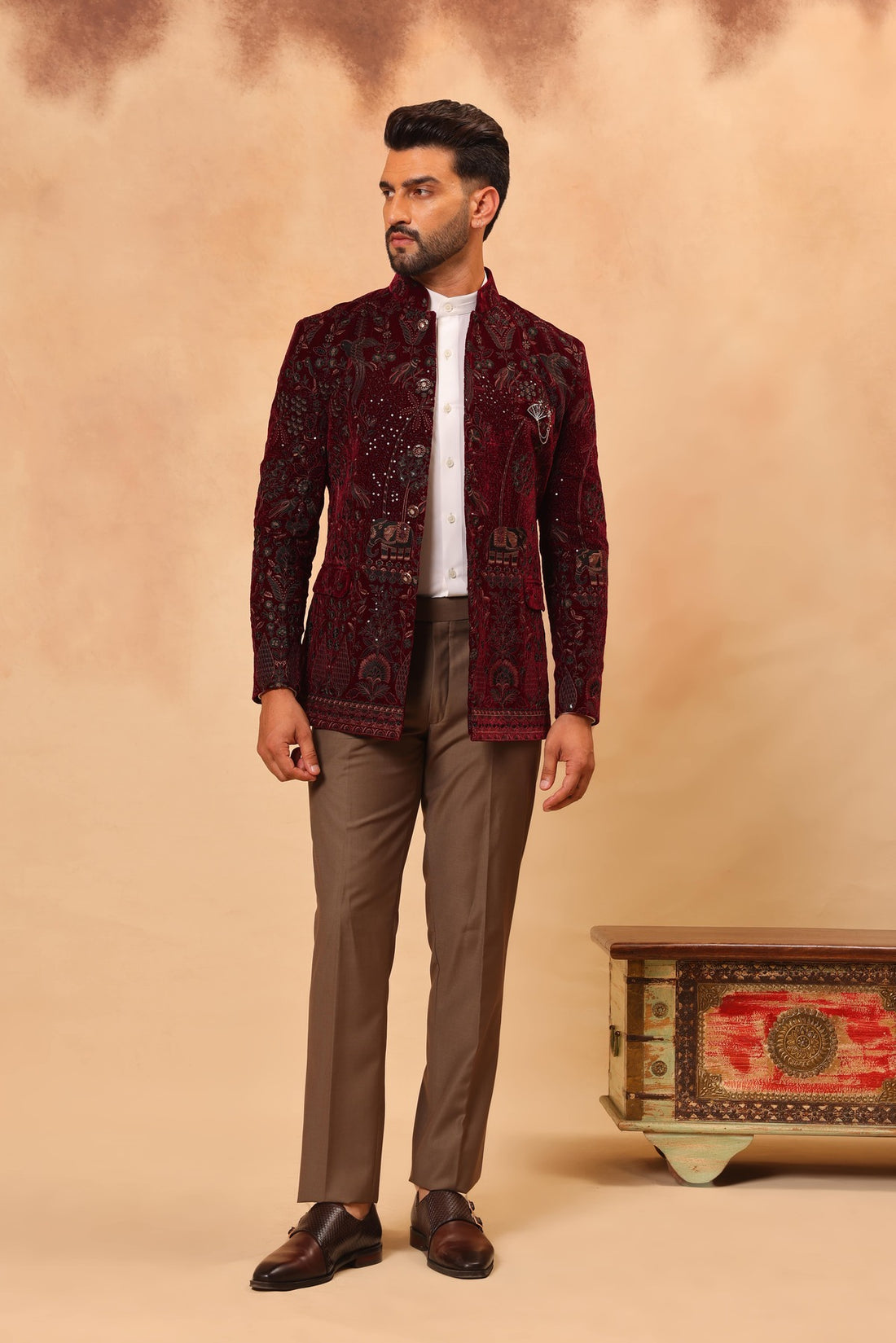 Mehroon Velvet Embroidered Jodhpuri Set with Formal Pants
