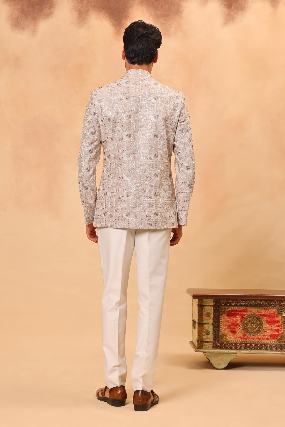 Natural Grey Embroidered Jodhpuri Set with Formal Pants