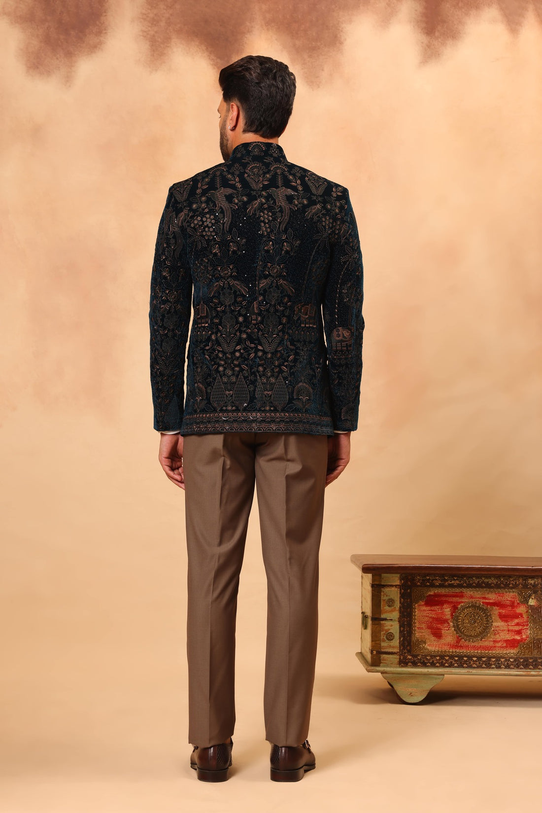 Rama Green Velvet Embroidered Jodhpuri Set with Formal Pants