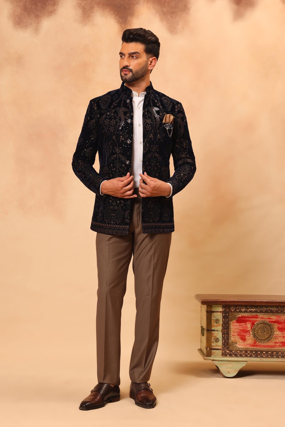 Navy Blue Velvet Embroidered Jodhpuri Set with Formal Pants
