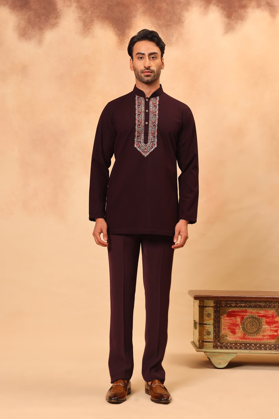 Wine Embroidered Front Open Short Jacket Set with Kurta