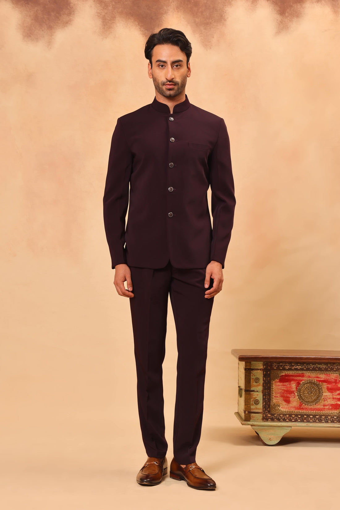 Coffee Brown Embroidered Safari Set with Nehru Jacket