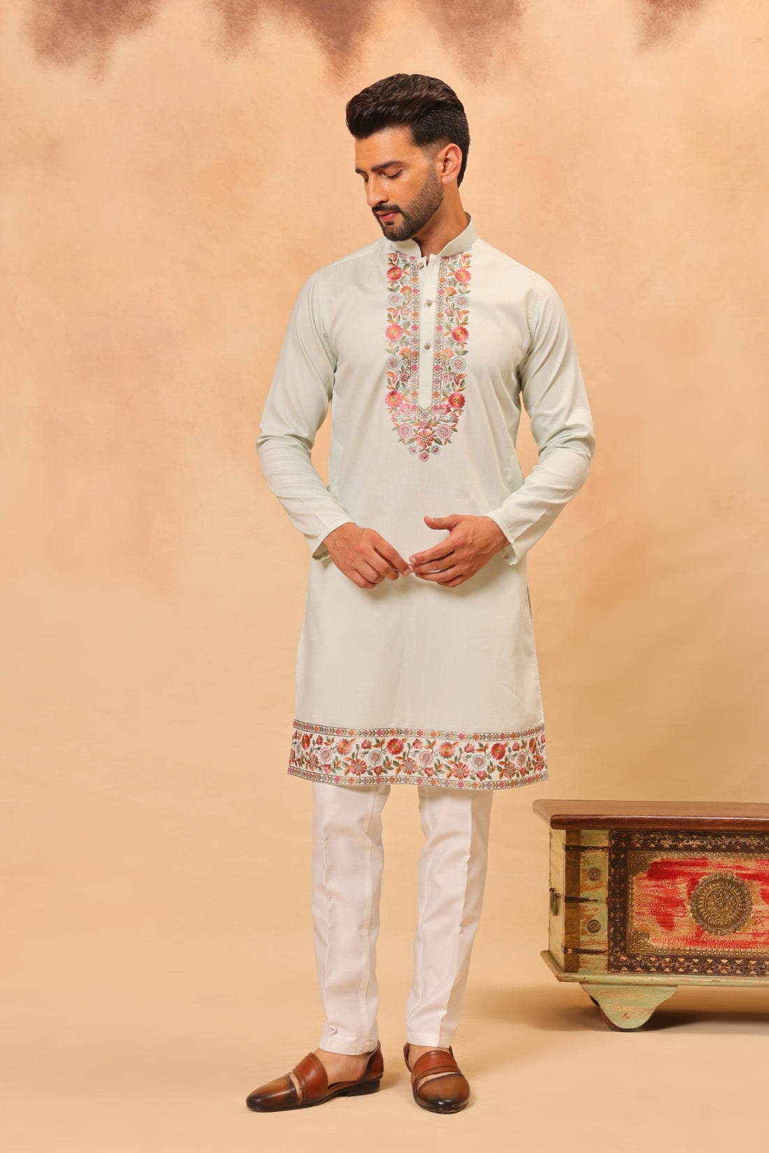 Pista Green Multy Thread Embroidered Koti Kurta Set for Men