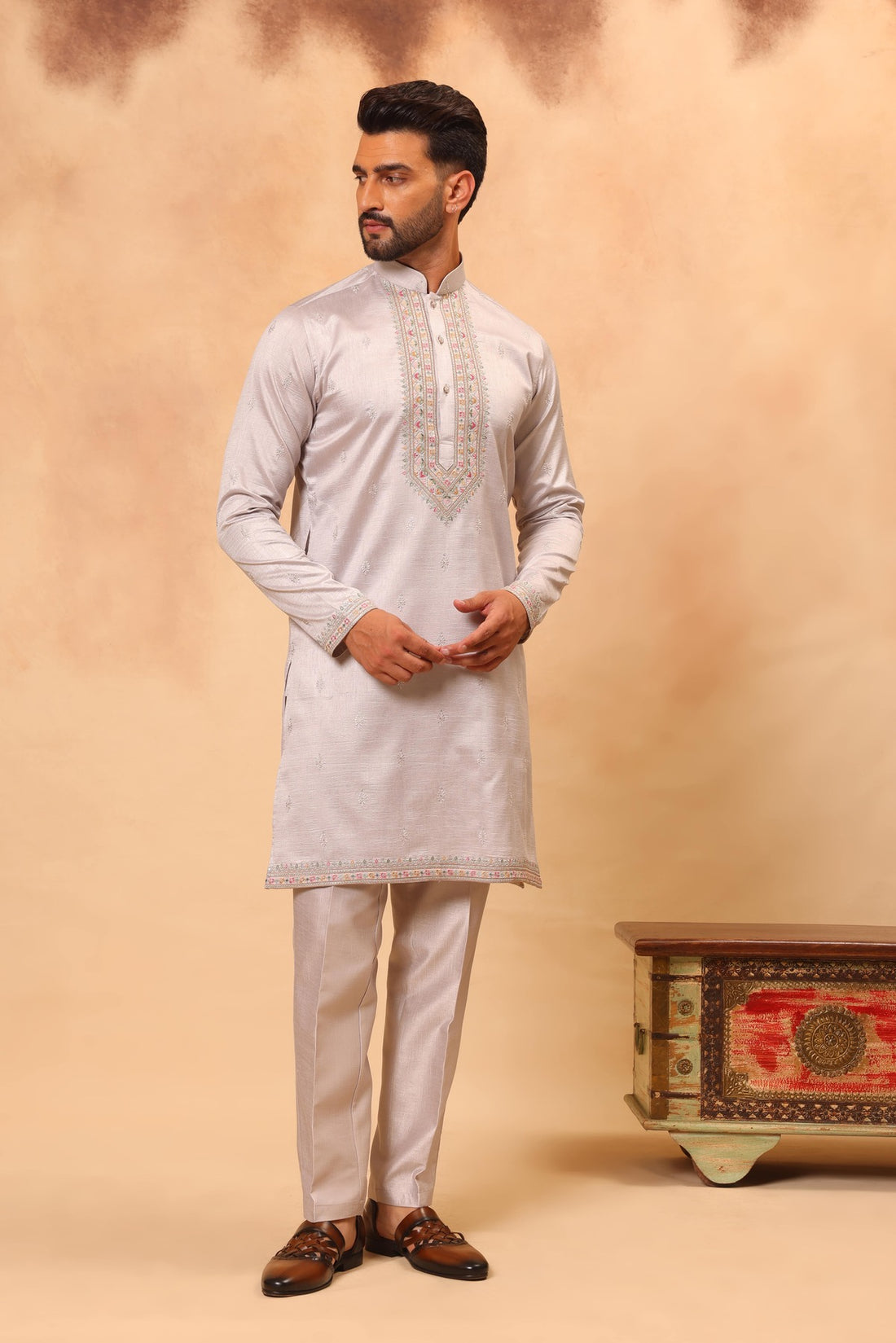 Natural Grey Embroidered Front Open Sherwani Jacket Set