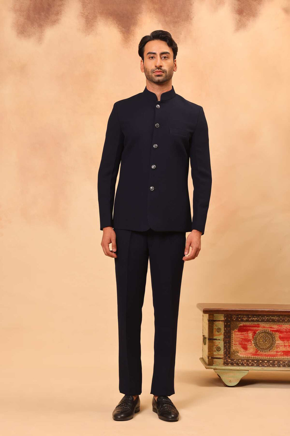 Navy Blue Embroidered Safari Set with Nehru Jacket
