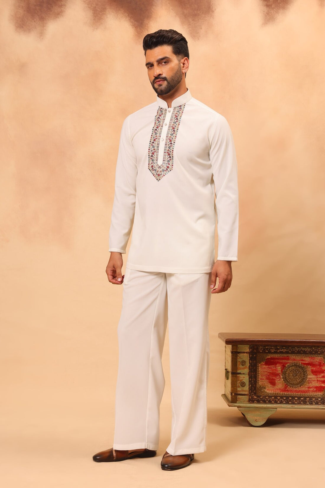Cream Embroidered Front Open Short Jacket Set with Kurta