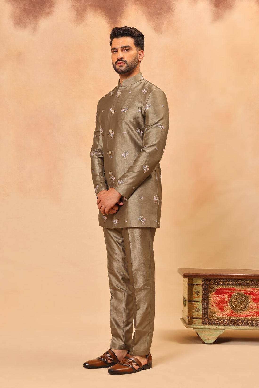 Mehandi Green Embroidered Front Open Short Jacket Set