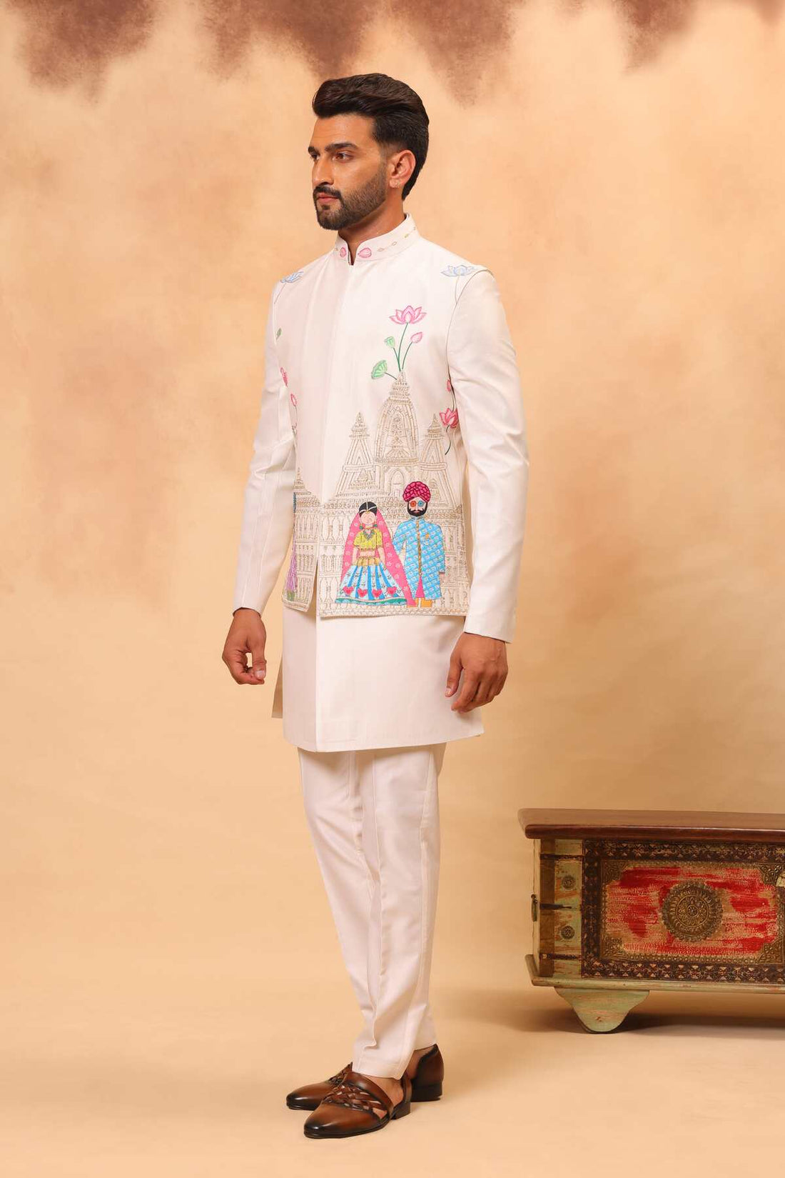 Cream Hand Embroidered Nehru Jacket Set