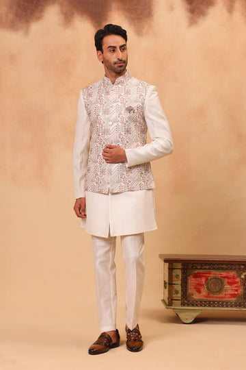 Cream Embroidered Nehru Jacket Set