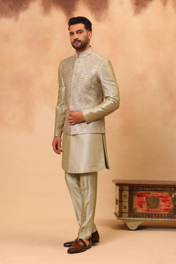 Pista Green Embroidered Nehru Jacket Set