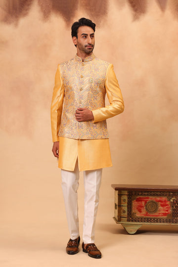 Haldi Yellow Embroidered Nehru Jacket Set