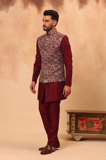 Mehroon Embroidered Nehru Jacket Set