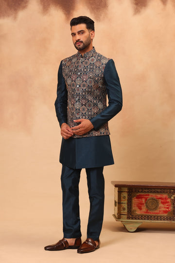 Teal Blue Embroidered Nehru Jacket Set
