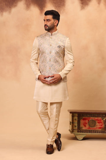 Fawn Embroidered Nehru Jacket Set