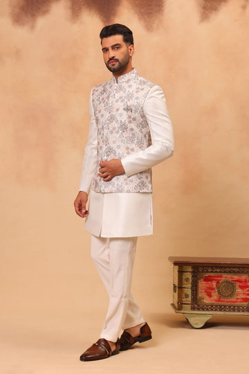 Cream Zari Embroidered Nehru Jacket Set