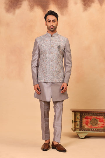 Grey Zari Embroidered Nehru Jacket Set
