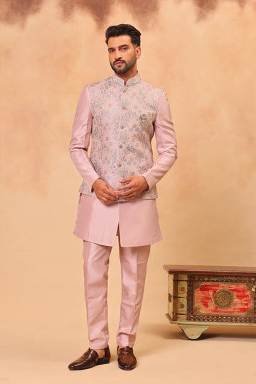Onion Pink Zari Embroidered Nehru Jacket Set