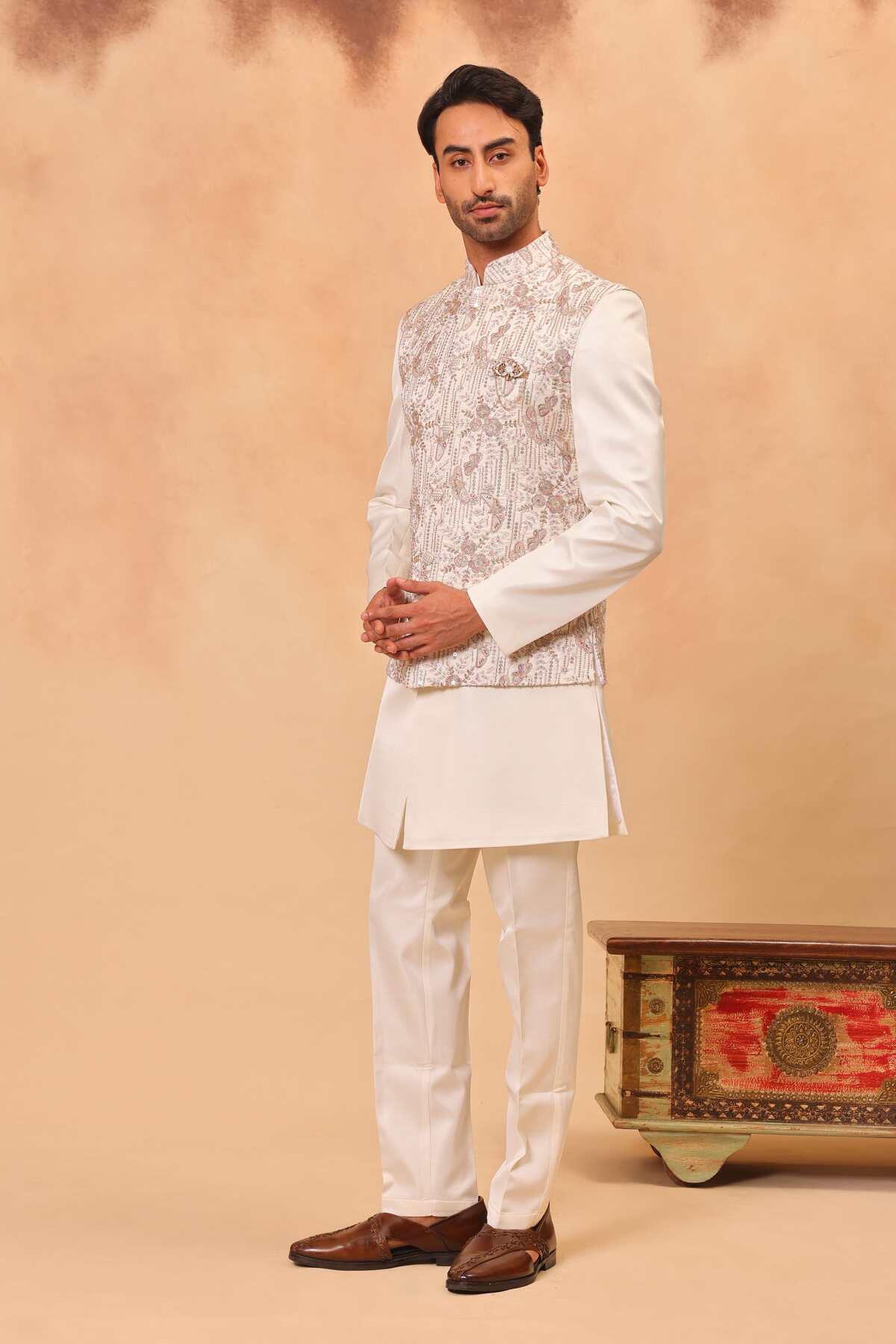 Cream Cutdana Work Embroidered Nehru Jacket Set