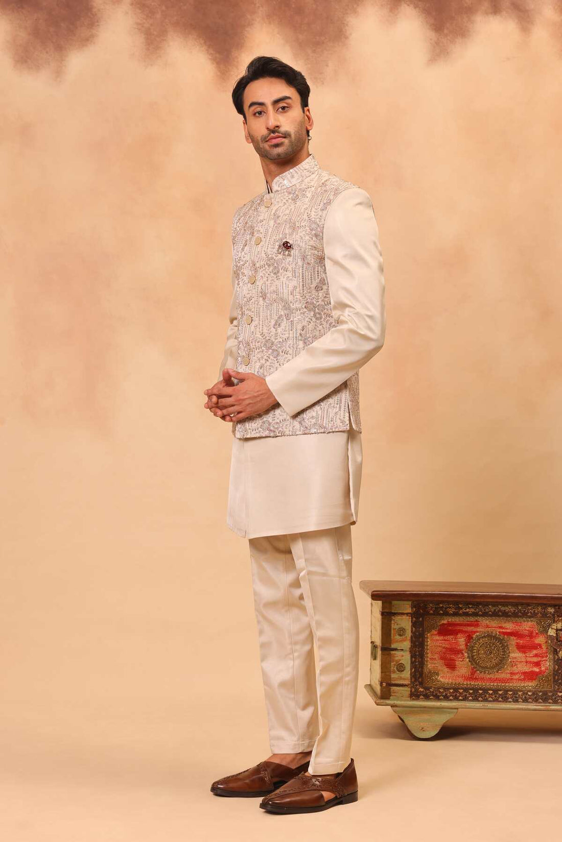 Fawn Cutdana Work Embroidered Nehru Jacket Set