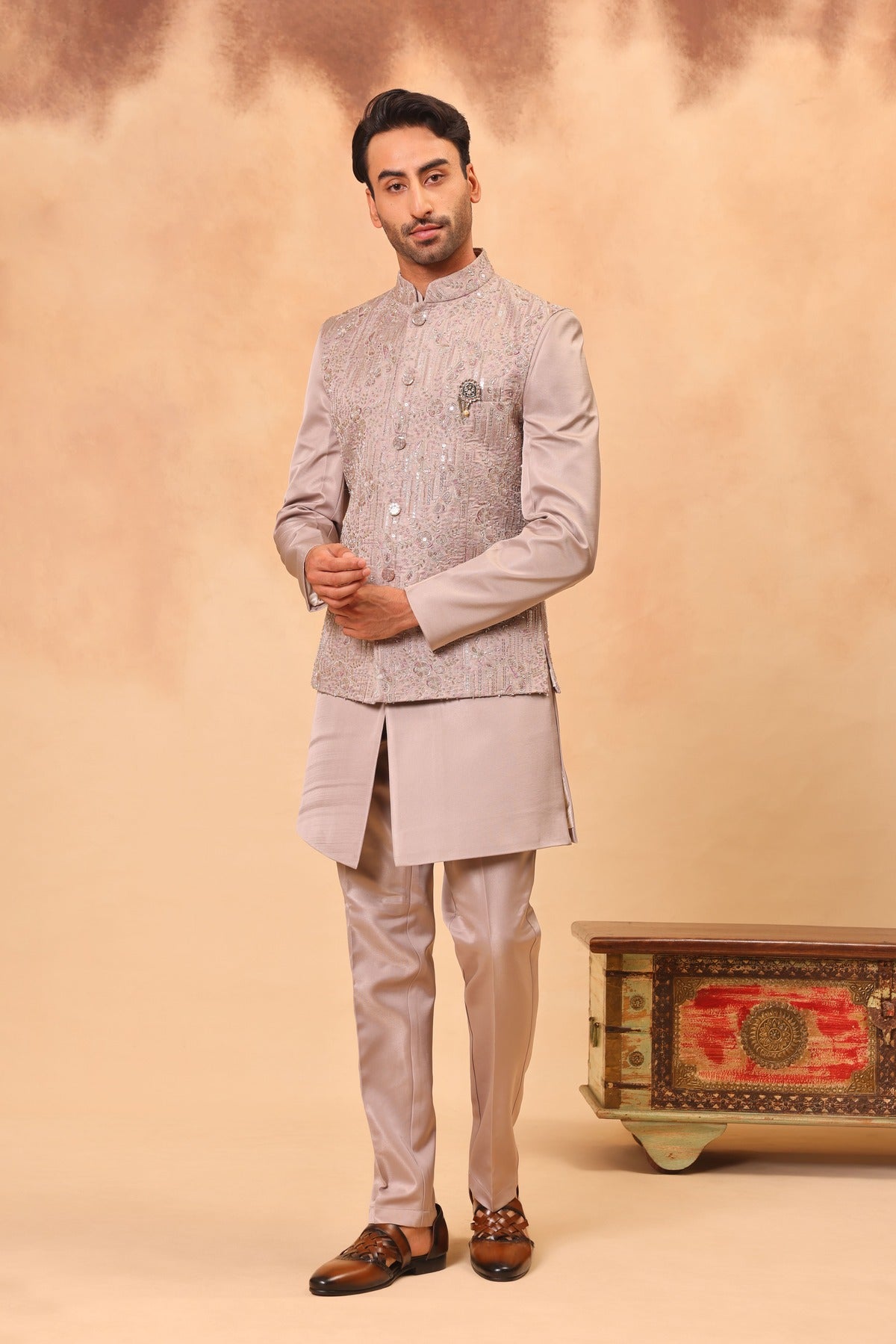 Mouse Grey Cutdana Work Embroidered Nehru Jacket Set
