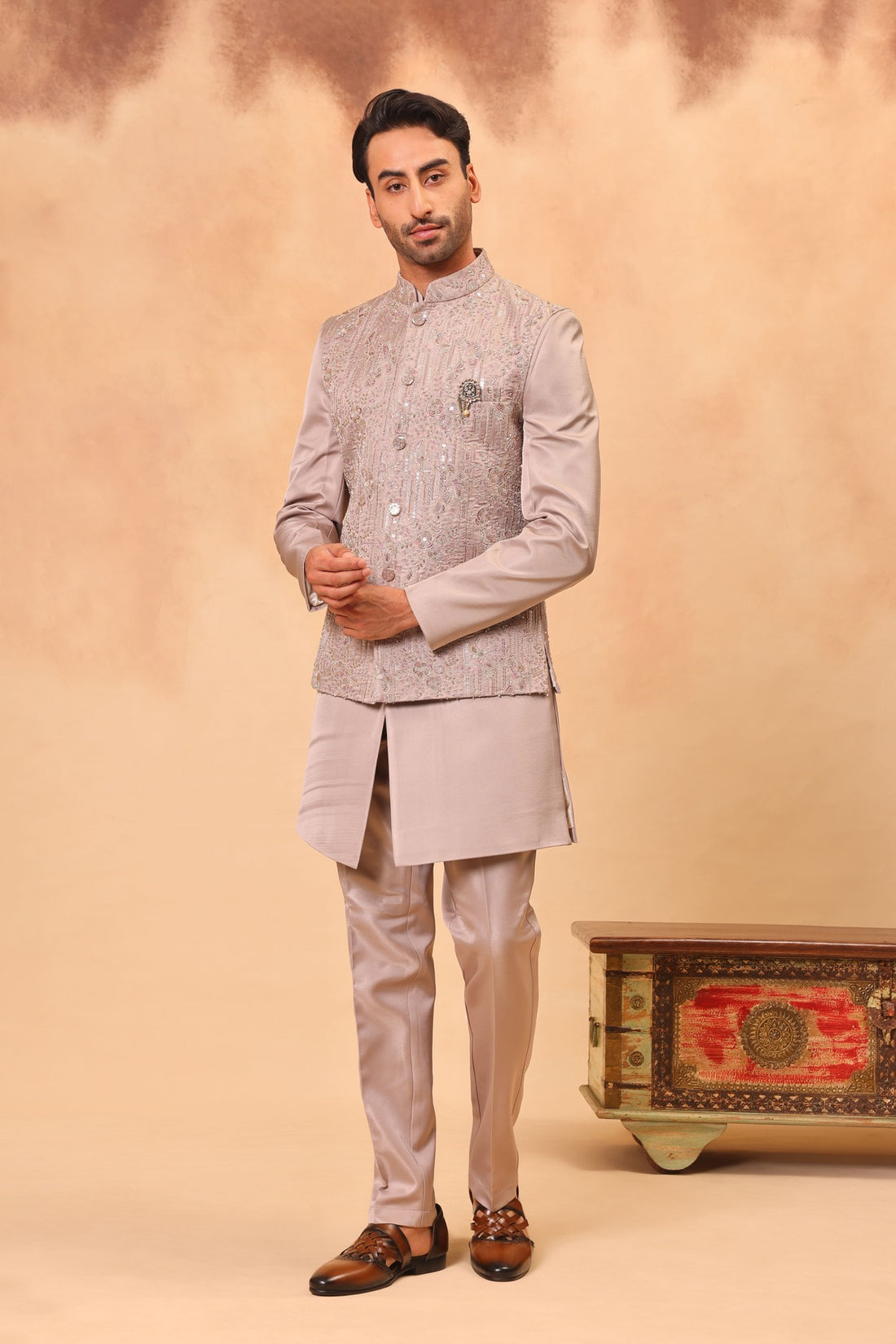 Mouse Grey Cutdana Work Embroidered Nehru Jacket Set